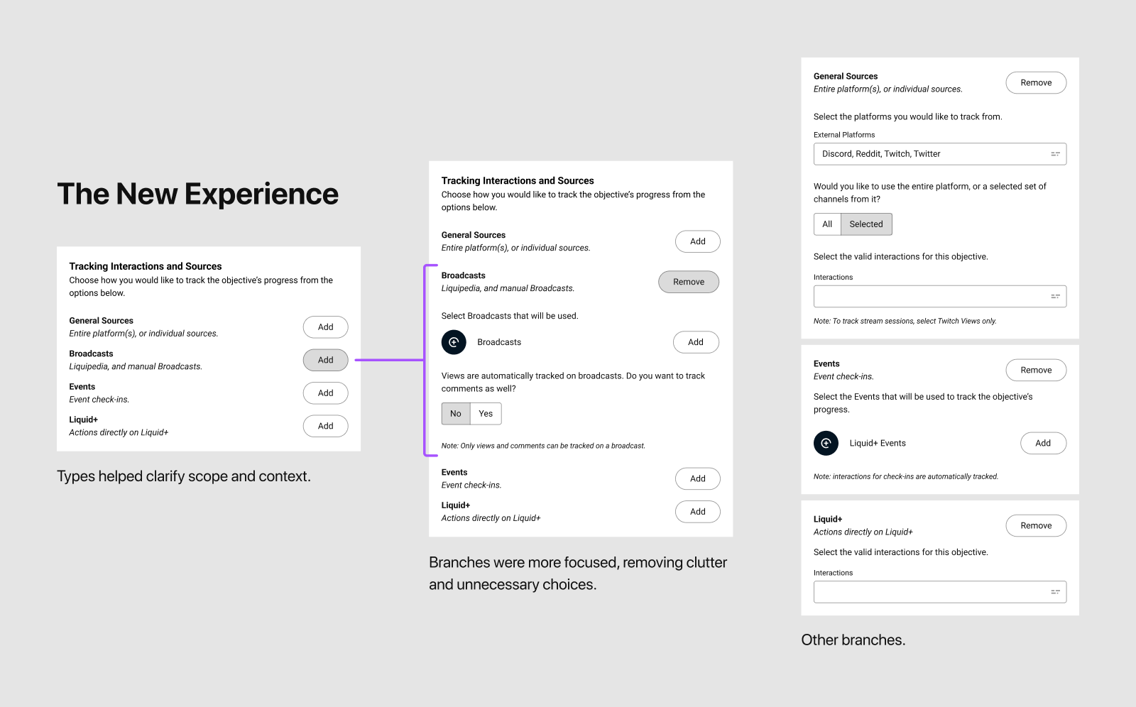 The new Objective experience, showing a user choose broadcasts to track interactions from, and the other 3 possible branches (general sources, events, and Liquid+).