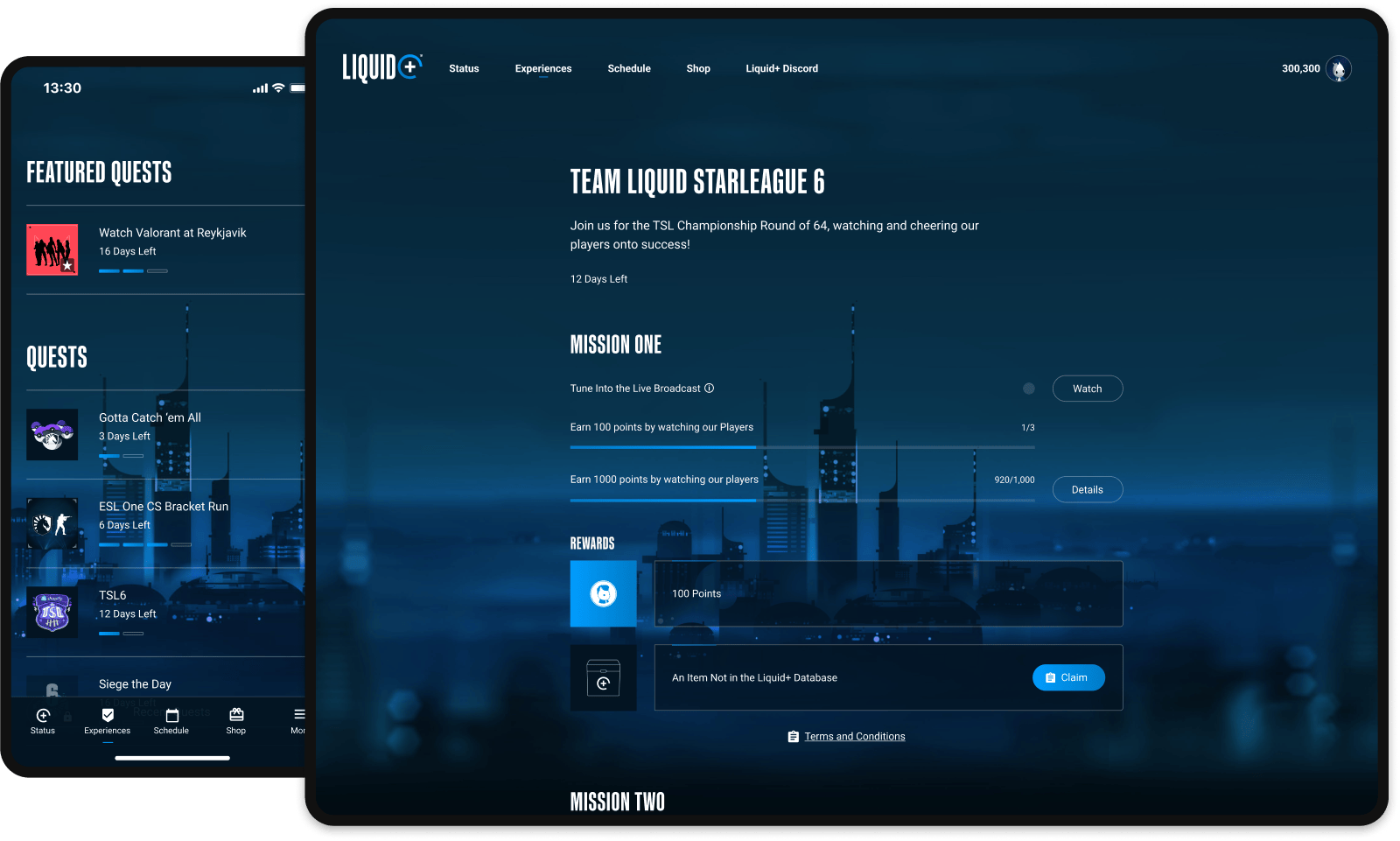 A mobile device showing the Quests available for fans, and a larger device showing a single Quest page (Team Liquid Starleague 6).