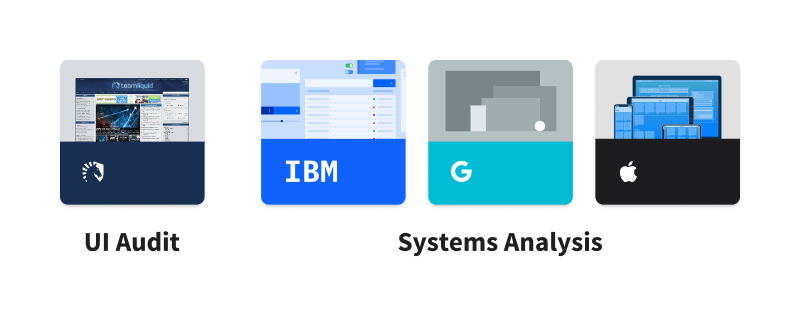 App-like tiles, representing the UI audit and design systems research (including IBM, Google, and Apple).