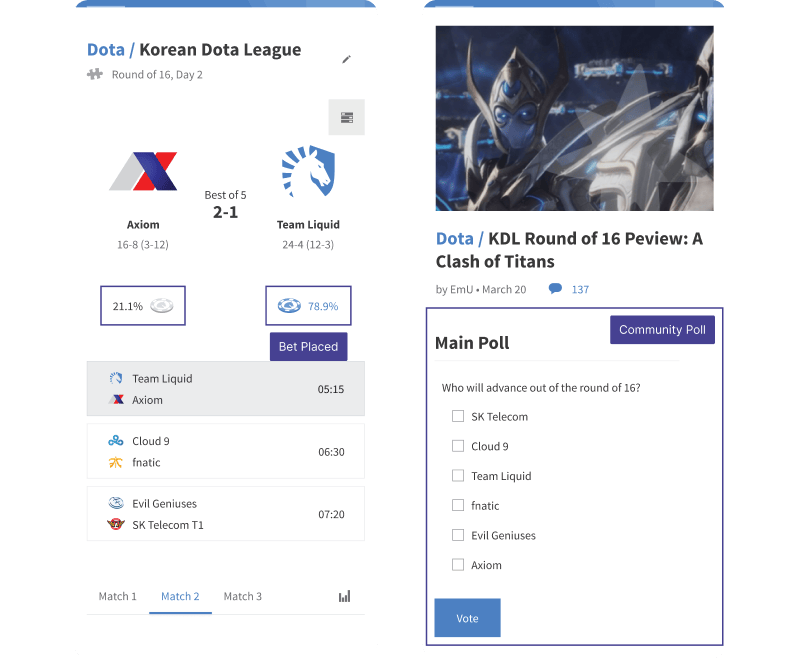 Two mobile-sized views of the event page, showing betting on each matchup, and a community poll.