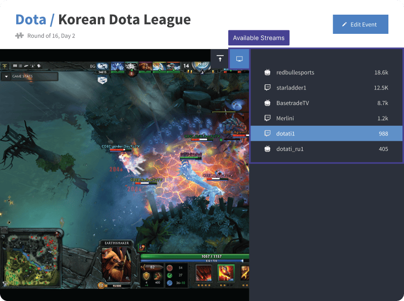 The stream component on the event page, showing available streams for users to watch.
