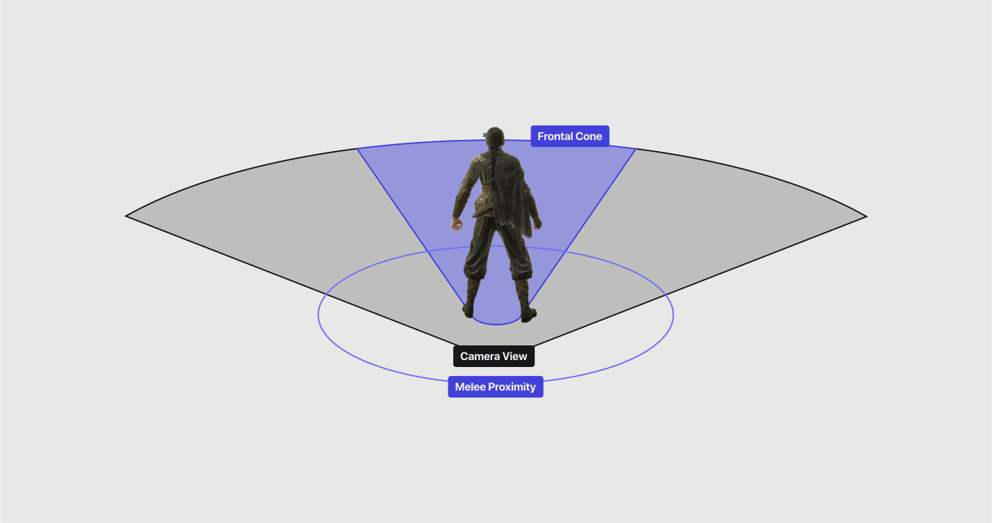 An image showing the player perspective, with the above factors: the camera view, frontal cone, and circle showing melee range