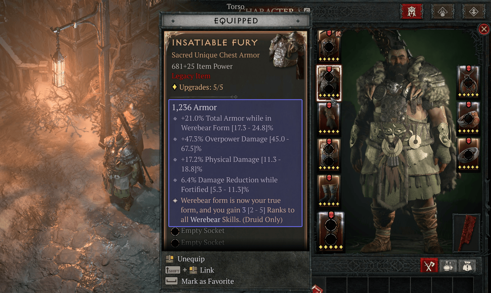 The information about an item in Diablo 4. The equipped item being viewed is a unique chest armor called Insatiable Fury and includes 5 different stats that are highlighted.