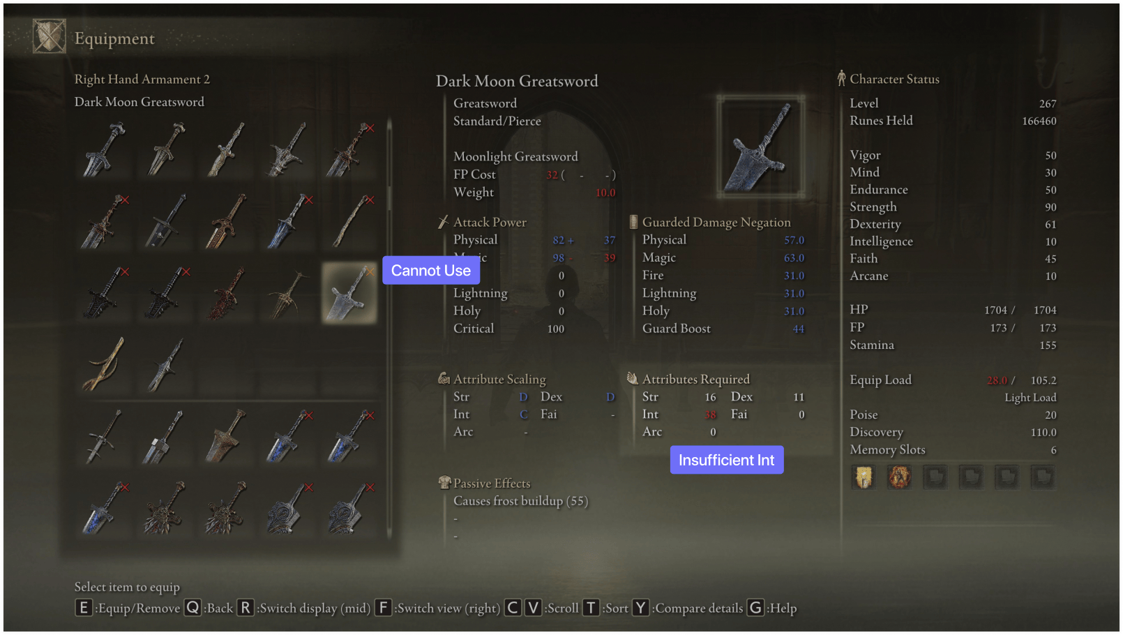 The equipment screen, highlighting the two indicators that help players know if they meet the requirements for a particular weapon. Dark Moon Greatsword is selected and cannot be used as the player has insufficient intelligence.