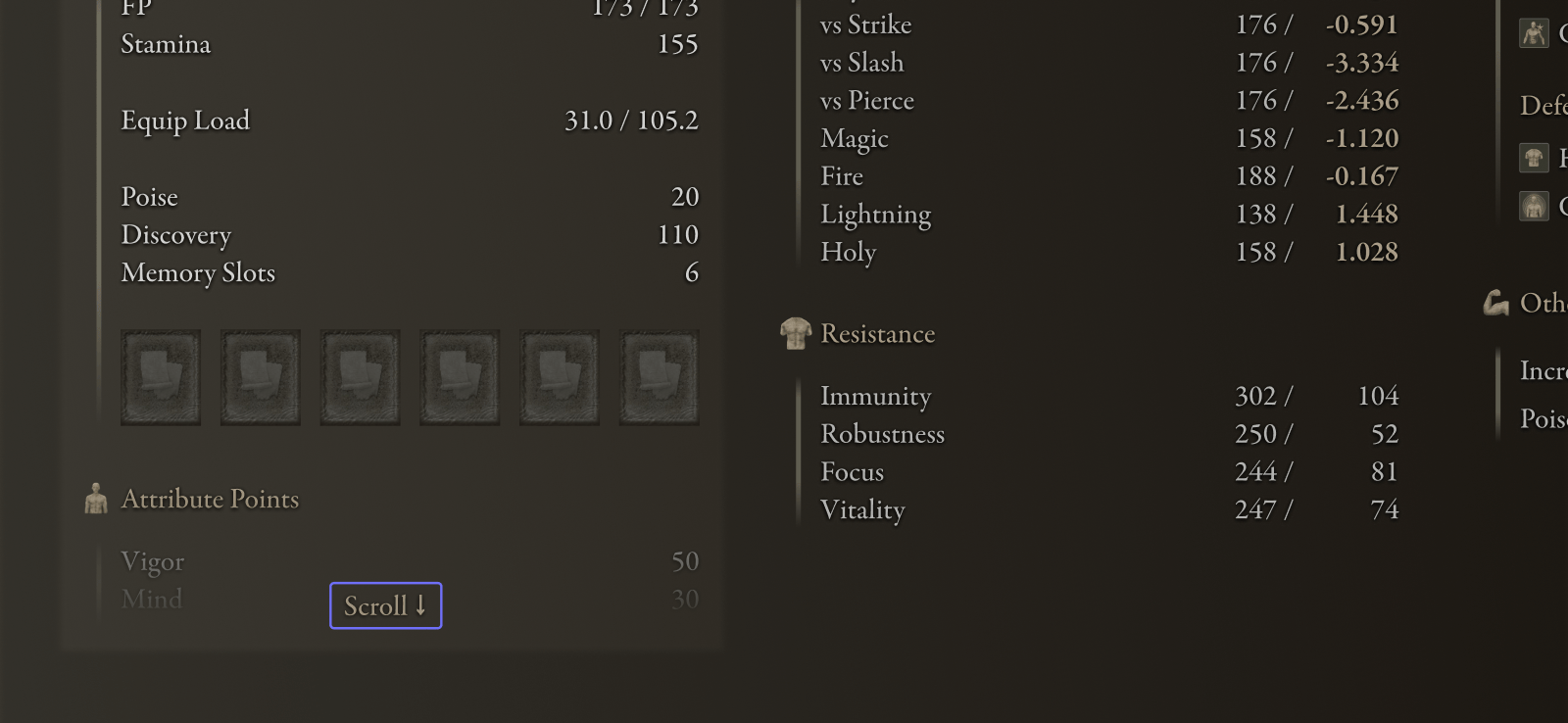 Zooming into the status screen to highlight the first column (character stats) including a hint that the user can scroll to view their attribute points.