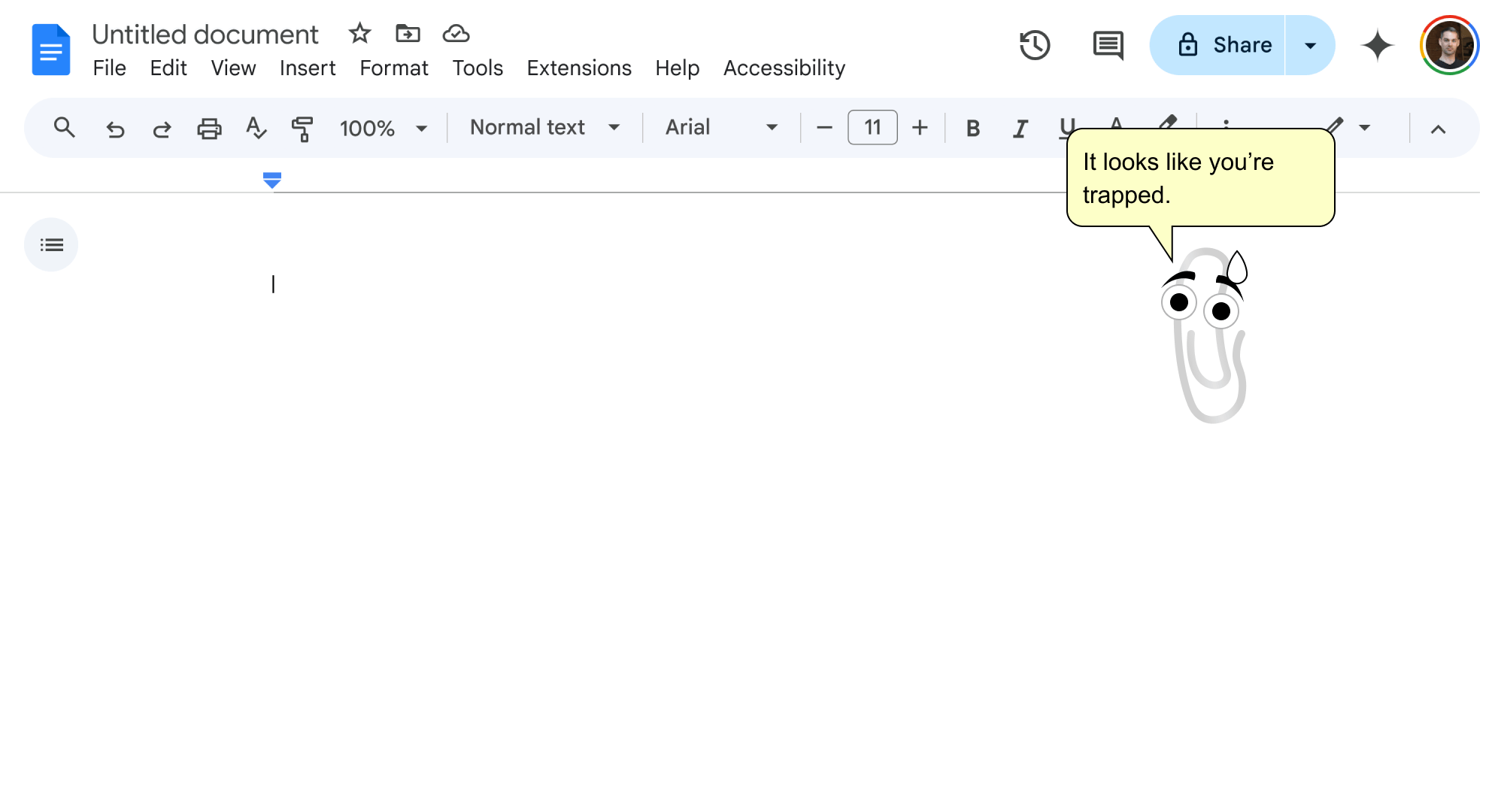 A newly opened Google Doc with only the caret blinking. To the right is Microsoft's Clippy speaking to the user "it looks like you're trapped."