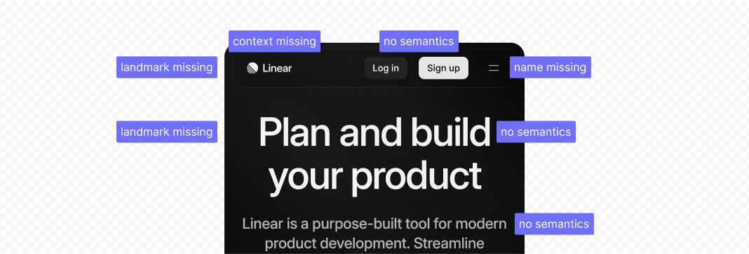 The mobile home page for a product's marketing site with annotations showing missing landmarks, element semantics, names, and context.