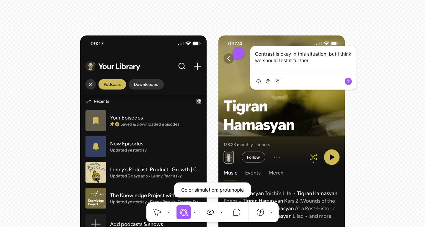 A view of two pages of the mobile Spotify app, shown in the color simulation: protanopia. A comment notes on a button "Contrast is okay in this situation, but I think we should test it further."