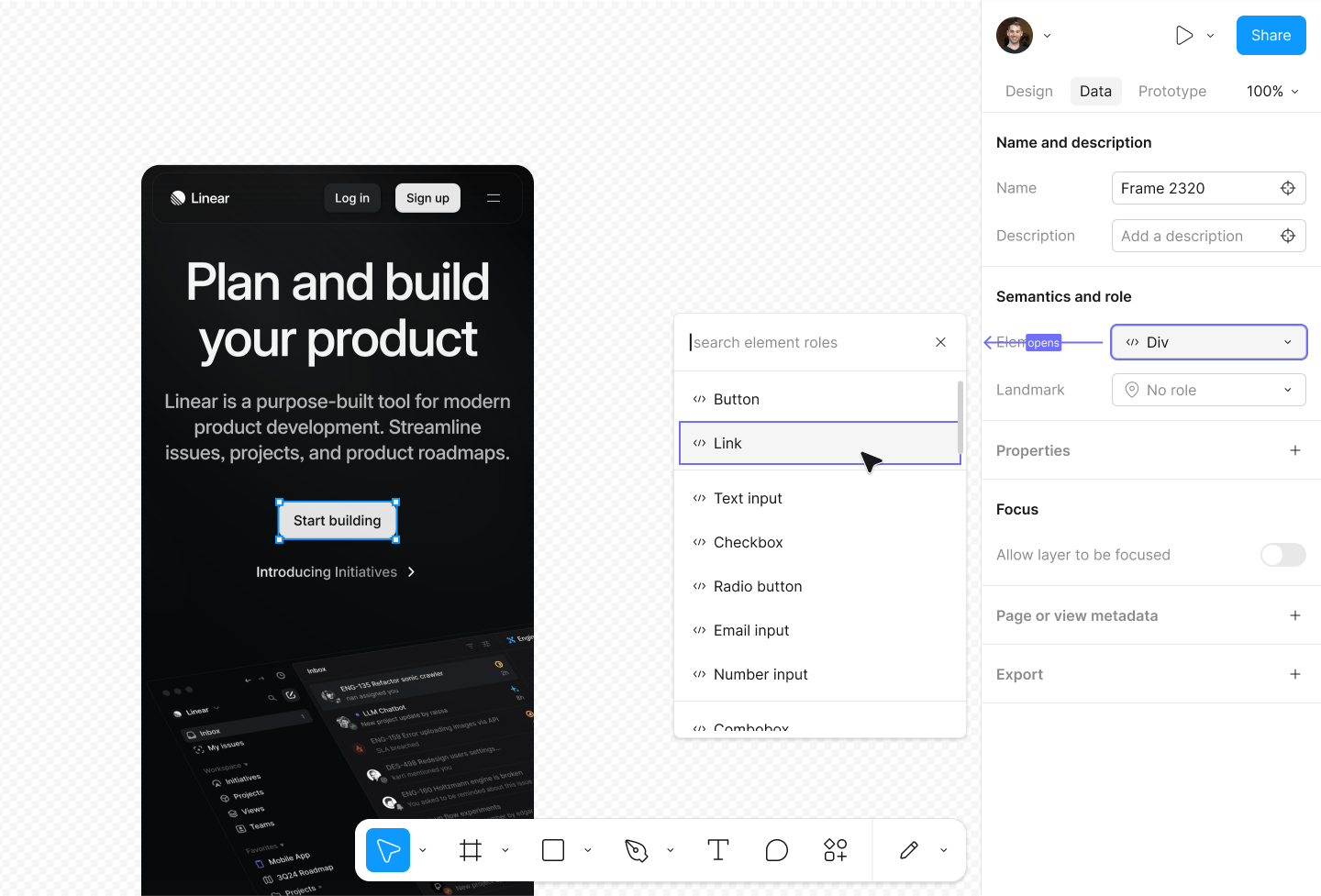 A mobile home page highlighting a button layer that says "start building", and the data panel and combobox showing a designer choosing to assign the link element as the semantics for this layer.