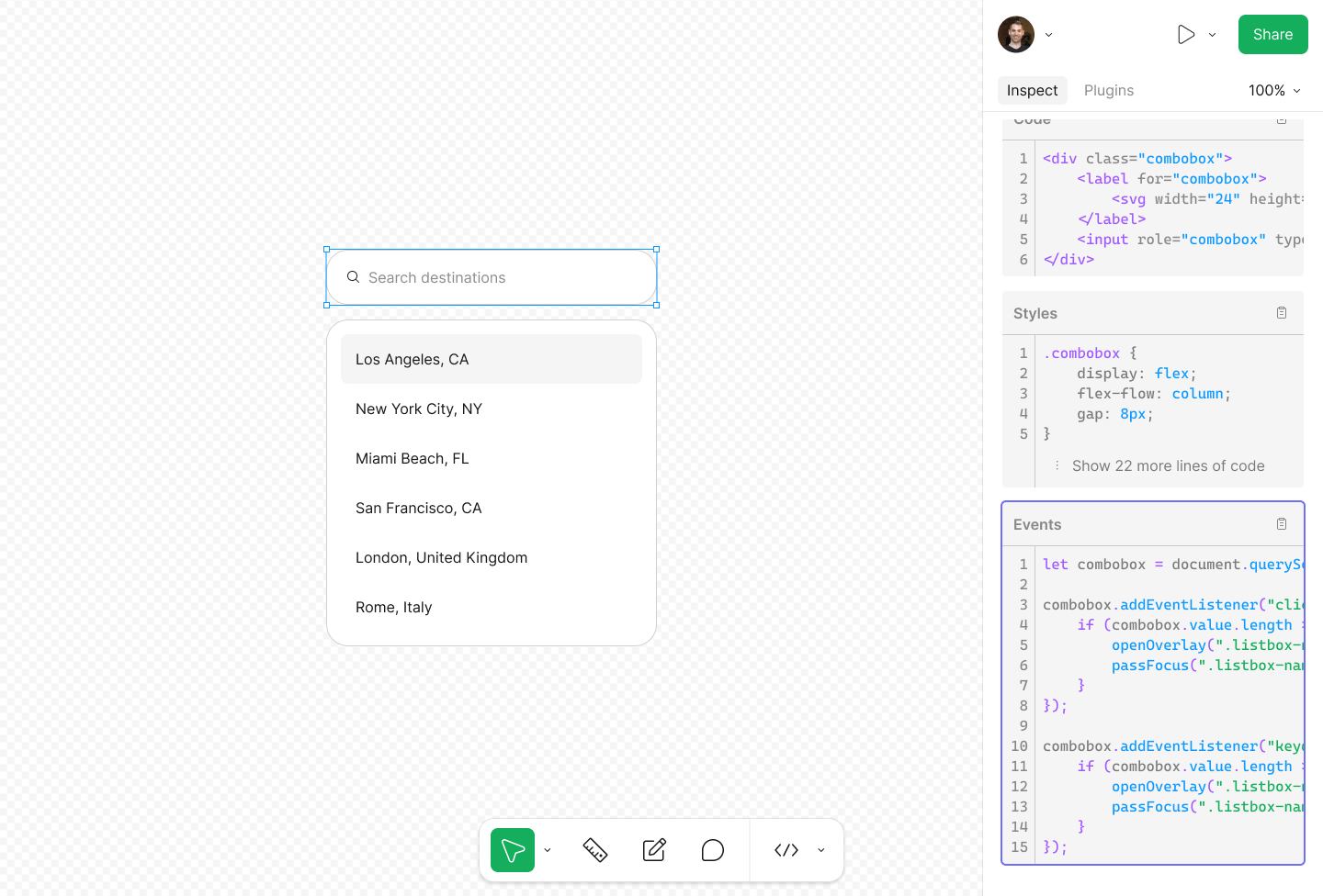 A view of a mobile contact page in Dev Mode, with an "email input" layer selected. In the properties panel are code snippets with the correct semantic html, css using the layer's name as a class, and a highlighted section for interactions translated into real JavaScript event and behavioral functions.