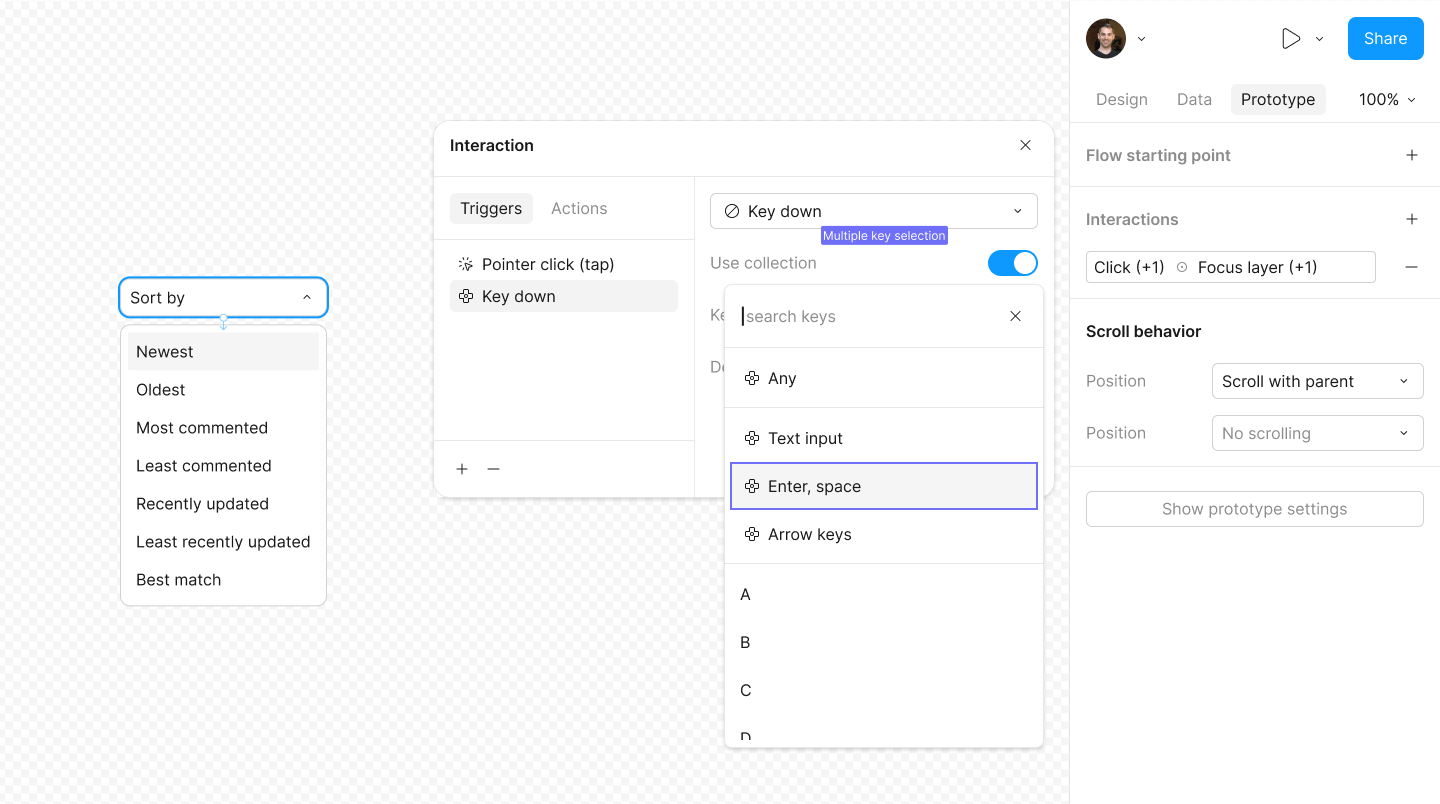 A view of a select component, prototype panel, and interaction window. A designer is adding a keydown trigger, and is selecting a collection of keys (enter and space) as valid options from an additional combobox window.